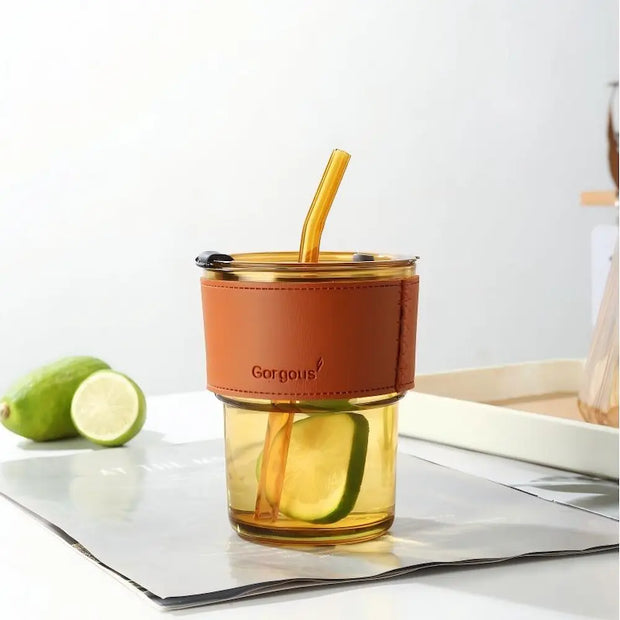 7 Days Of Tea Amber Glass Tumbler with Straw & Sleeve | ~400 ml