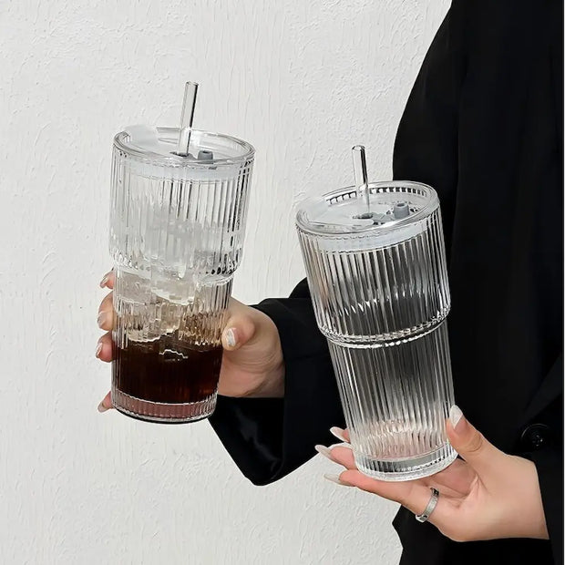 7 Days Of Tea Ribbed Glass Tumbler with Lid & Straw | ~600 ml