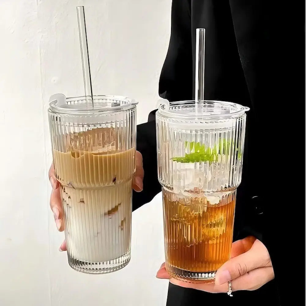 7 Days Of Tea Ribbed Glass Tumbler with Lid & Straw | ~600 ml