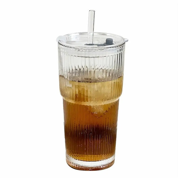 7 Days Of Tea Ribbed Glass Tumbler with Lid & Straw | ~600 ml